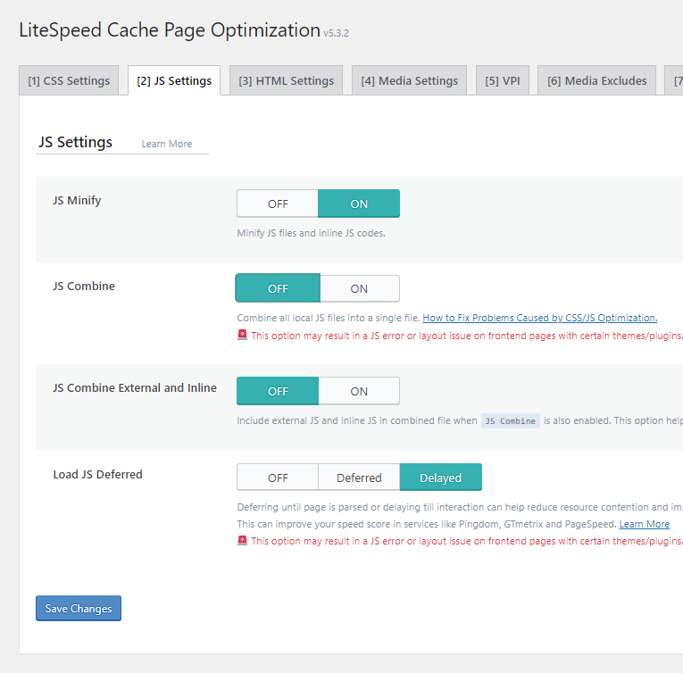 Litespeed cache js settings